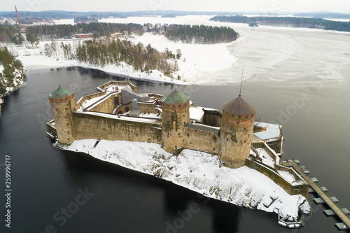 View of the ancient fortress of Savonlinna on overcast March day (aerial photography). Finland photo