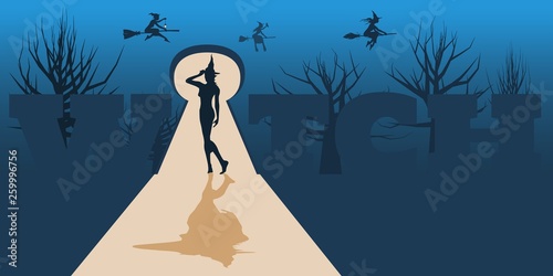 Posing witch silhouette in the light that poured into the room from the keyhole. Night forest and flying witches on backdrop. Halloween relative image