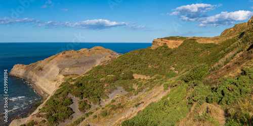 North Sea Coast in North Yorkshire, England, UK - looking from Kettleness towards the former quarry in Kettleness Point