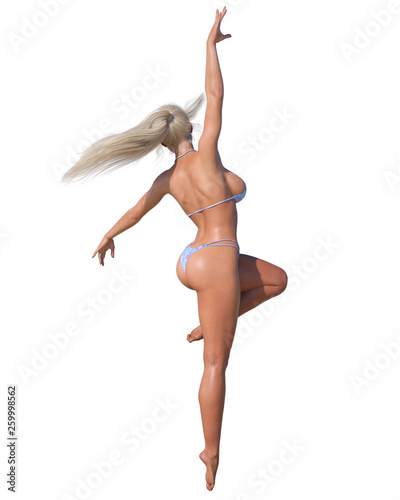 3D beautiful summer beach blond woman blue swimsuit bikini.Summer rest.Conceptual fashion art.Seductive candid pose.Realistic render illustration.Isolate