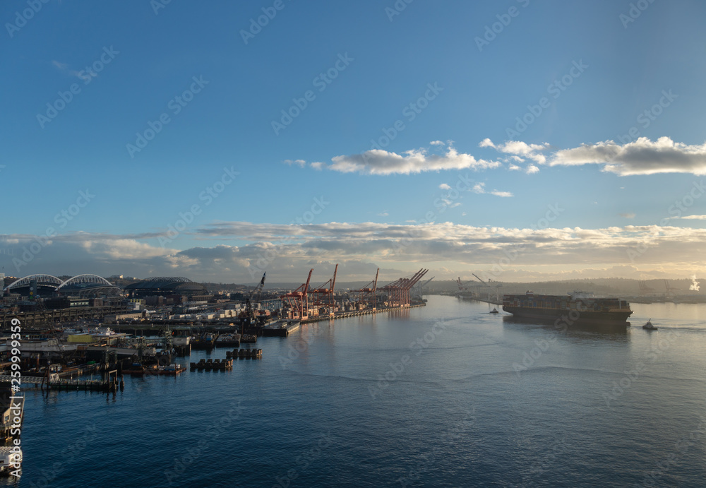 Seattle port with stadiums