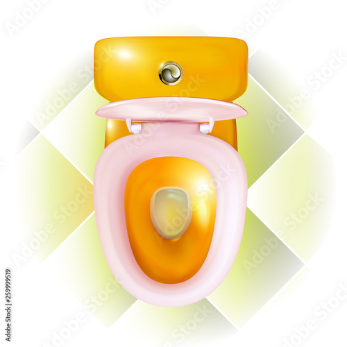 Realistic open golden Toilet bowl with modern pink seat. Household isolated illustration of view top. Vector for advertising or web design, interior element. Clean lavatory, ceramic closet, bathroom