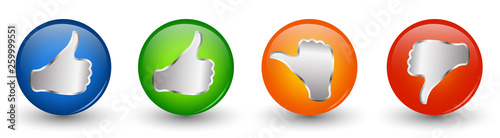 Buttons 3d illustration icon. Thumbs up green and blue - orange neutral thumb - thumb down red. Online voting symbol. Concept like it. Do not like
