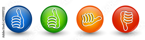 Set icons buttons. Thumbs up green and blue - orange neutral thumb - thumb down red. Online voting symbol. Concept like it. Do not like. 3d illustration