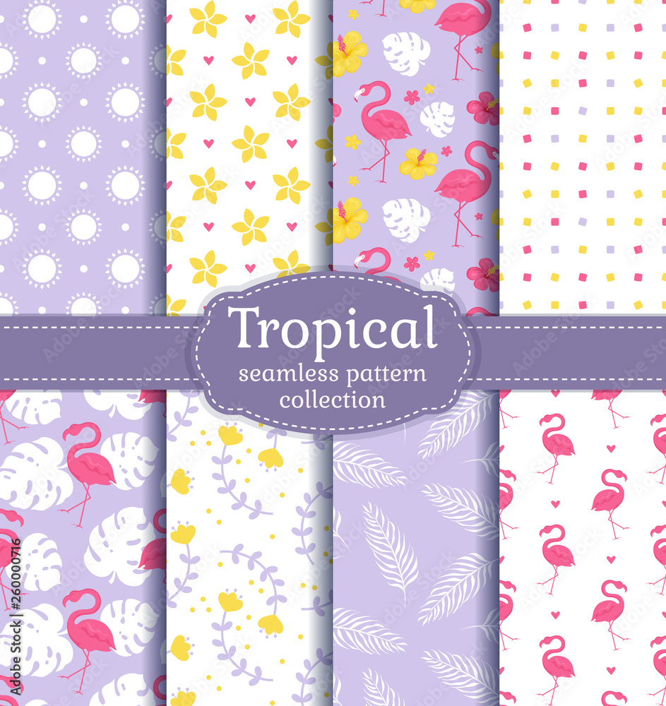 Seamless patterns with flamingos, tropical leaves and flowers. Vector set.