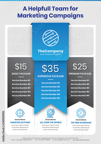 A4 Marketing Flyer template style 2 with pricing table featured in light blue color