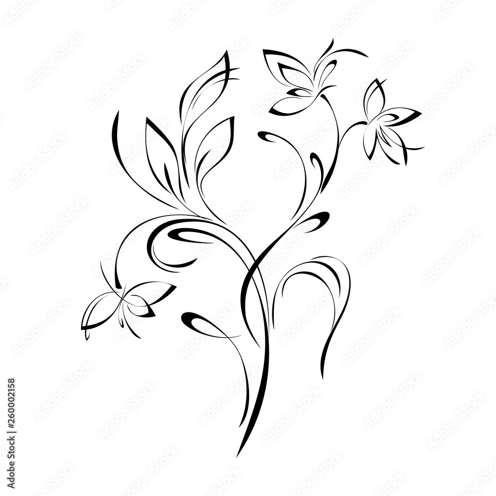 decorative twig with stylized flowers, leaves and curls in black lines on a white background