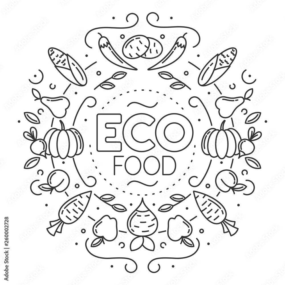 Eco food. Set of different fruit and vegetables icons on white background. Stock vector illustration.