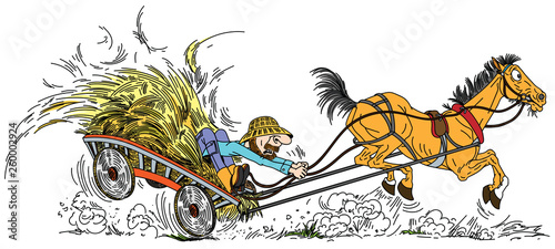 cartoon old horse pulled a wooden cart with hay and aged farmer . Man trying to control his unruly playful old mare . Vector illustration