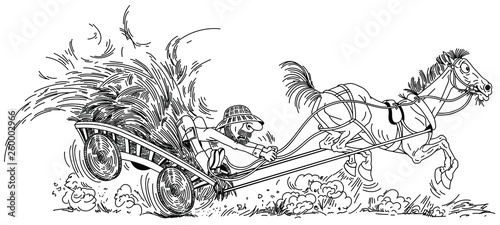 cartoon farmer on wooden cart with hay pulled by unruly old horse. Aged man trying to control his funny playful mare . Black and white outline vector illustration