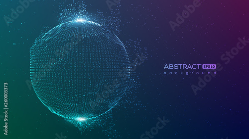 Abstract globe particles sphere with explosion effect. 3d technology digital style. Space background. Futuristic vector illustration.