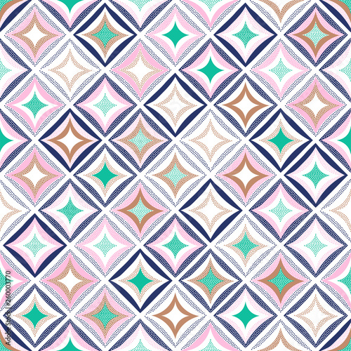 seamless playful creative pattern. Stylish dots doodle rhombus colorful background