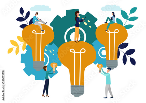 Vector flat illustration, business concept for teamwork, small people sit on the light bulbs in search of ideas, search for new solutions