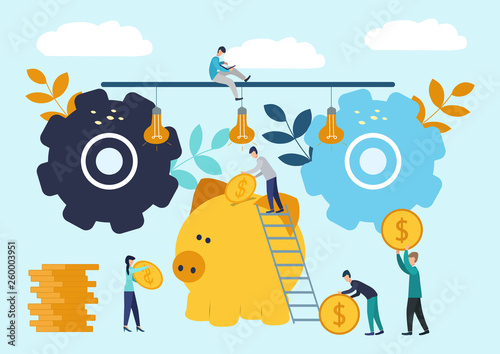 Vector flat illustrations, big piggy bank on white background, financial services, bankers do the work, hoard or save money.