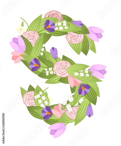 S letter. Cartoon flower font design. Letter with flowers and leaves. Flat vector illustration isolated on white background