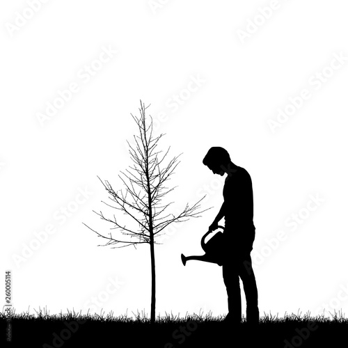 Realistic illustration with silhouette of a gardener man with watering can. Lawn and young tree without leaves, isolated on white background, vector