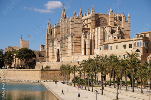 Palma de Mallorca  Spain - March 24  2019   end view of the famous gothic cathedral Santa Maria La Seu with palm tree garden in the foreground
