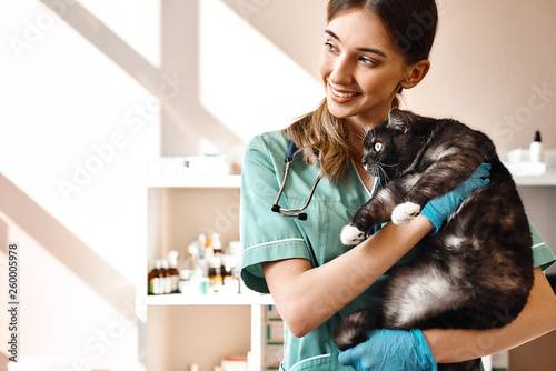 I love each of my patients! Smiling female vet holding a big black fluffy cat in her hands, smiling and looking at camera while standing in veterinary clinic photo