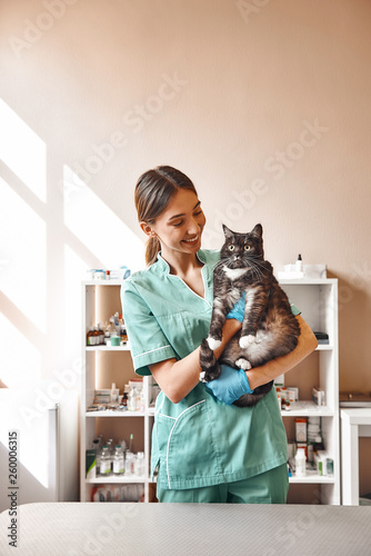 Are you scared? Pleasant young female vet holding a big black cat and smiling while looking at him while standing at the veterinary clinic