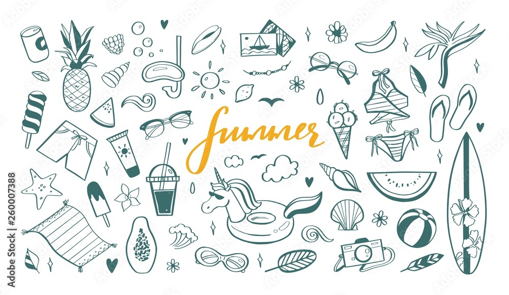 Big set of Summer vector design doodle elements. Beach collection, tropical fruits, swimsuit, surfing. Hand drawn isolated sketches on white background. Summer handwritten calligraphy Big set of Summer vector design doodle elements. Beach collection, tropical fruits, swimsuit, surfing. Hand drawn isolated sketches on white background. Summer handwritten calligraphy