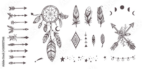 Boho style vector collection for tattoo, icon, flyers,cards with dreamcatcher ,feathers,moon,wild,arrows Bohemian tribal set
