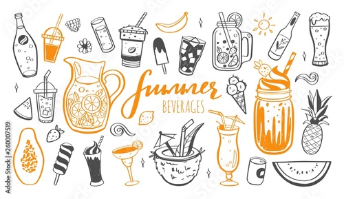Obraz Wektor ręcznie rysowane zestaw zimnych napojów, letnich koktajli i napojów z owocami. Różne gryzmoły na przyjęcie na plaży, bar, menu restauracji. Pojedyncze obiekty
