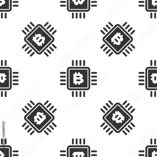 Grey CPU mining farm icon isolated seamless pattern on white background. Bitcoin sign inside microchip. Cryptocurrency mining community. Digital money. Vector Illustration