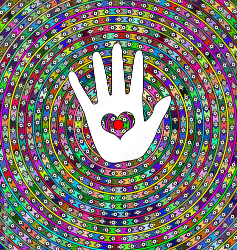abstract background circles, eyes and white hand