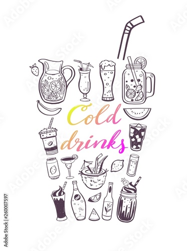 Vector hand drawn illustration and handwritten calligraphy of cold drinks and summer beverages. Conceptual doodle Lettering for menu cover, restaurant and cafe decor