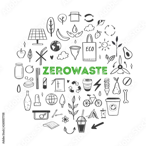 Zero waste lifestyle vector hand drawn set. Collection of ecogical and natural elements. Go green concept. Isolated objects