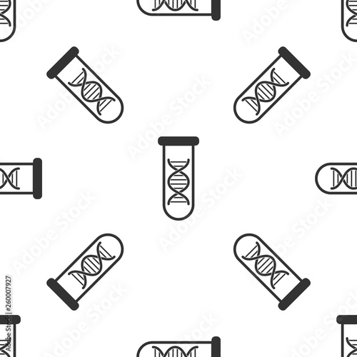 Grey DNA research, search icon isolated seamless pattern on white background. Genetic engineering, genetics testing, cloning, paternity testing. Vector Illustration