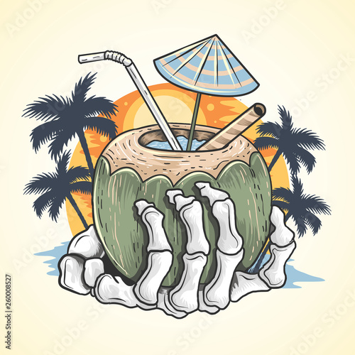 SUMMER COCONUT TREE AND HAND SKULL AT BEACH 