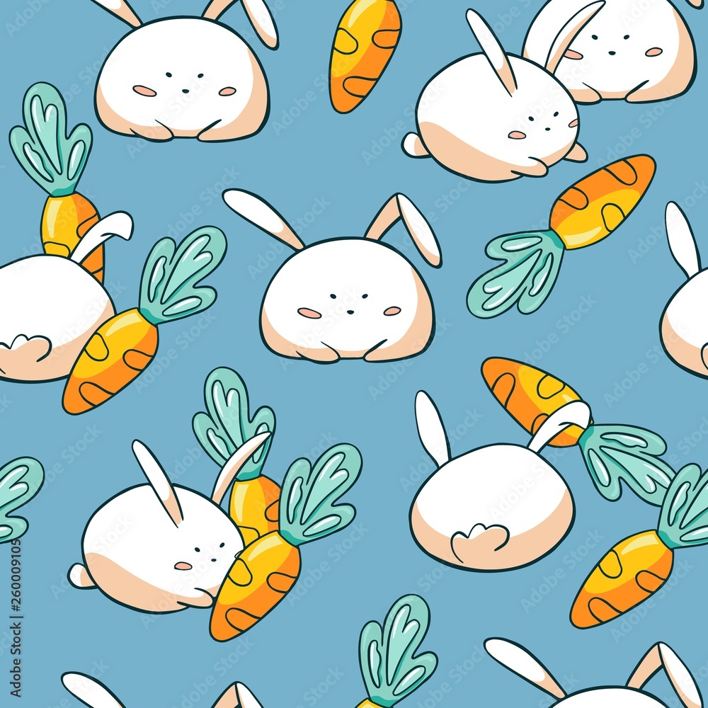 Cute easter bunny seamless pattern. Doodle easter rabbit with carrot on blue background. Backdrop for wrapping paper, kid's fabric.