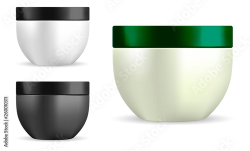 Cream Jar. Cosmetic Container Blank. Vector Set. 3d Packaging for Beauty Creme, Powder, Scrub, Gel, Wax. Realistic Silver Medical Bowl for Skin or Face Moisturizer.