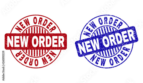 Grunge NEW ORDER round stamp seals isolated on a white background. Round seals with grunge texture in red and blue colors. Vector rubber overlay of NEW ORDER label inside circle form with stripes.