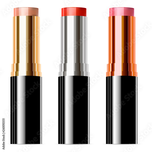 Lipstik Vector Mockup Set. Lipgloss Cosmetic Paint. Colorful Fashion Lip Stick Collection Isolated. Pink Color Woman Shiny Glamour. Gold, Silver, Bronse Cosmetic Tube. Elegant Make up Design.