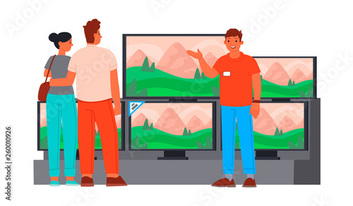 Seller consultant in the consumer electronics store shows a new TV young couple