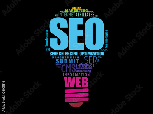 SEO (Search Engine Optimization) light bulb word cloud, technology concept background