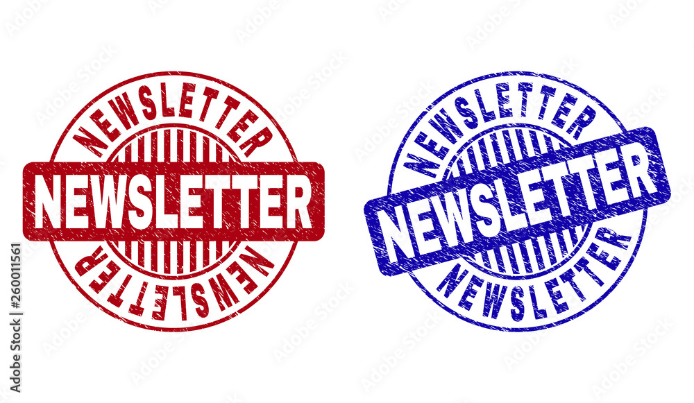 Grunge NEWSLETTER round stamp seals isolated on a white background. Round seals with grunge texture in red and blue colors. Vector rubber overlay of NEWSLETTER label inside circle form with stripes. Grunge NEWSLETTER round stamp seals isolated on a white background. Round seals with grunge texture in red and blue colors. Vector rubber overlay of NEWSLETTER label inside circle form with stripes.
