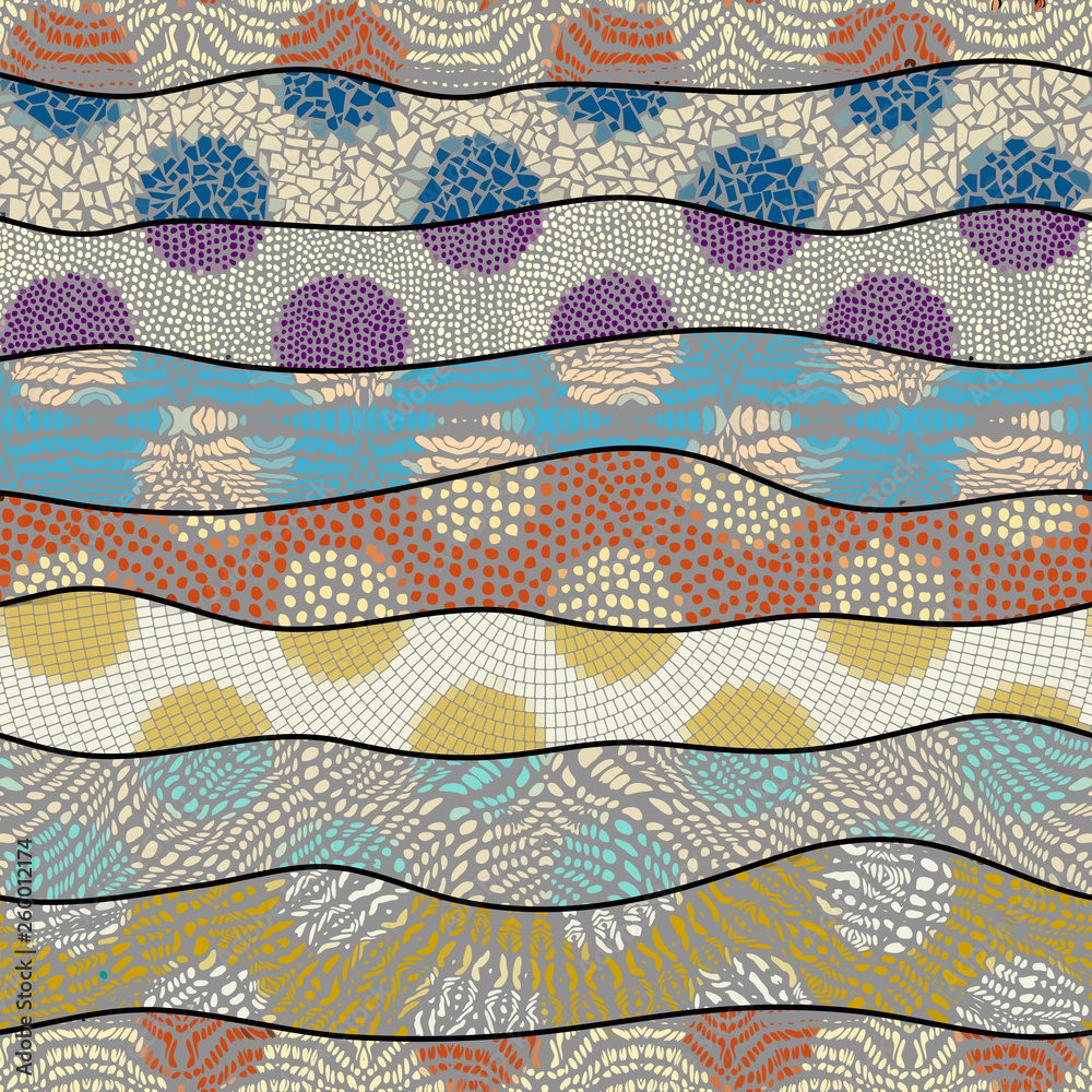 Mosaic art pattern of wavy shapes. Vector seamless image. Mosaic art pattern of wavy shapes. Vector seamless image.