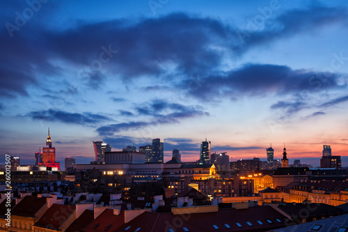 City of Warsaw Downtown Skyline at Dusk