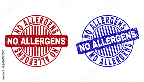 Grunge NO ALLERGENS round stamp seals isolated on a white background. Round seals with grunge texture in red and blue colors. Vector rubber imprint of NO ALLERGENS tag inside circle form with stripes.