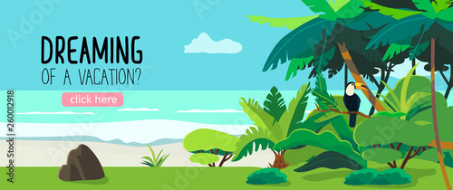 Vector illustration of a tropical forest and a seacoast. Exotic plants drawing with a toucan in the bushes. Creative banner or landing page or flyer for travel agency or tour operator. Summer theme.