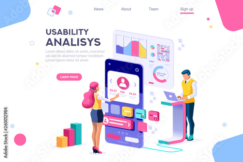 Dark application. Build internet interacting images. Interactive creative client profile. Customer mobile workspace situation. Office analysis 3d isolated on white background. Isometric illustration.