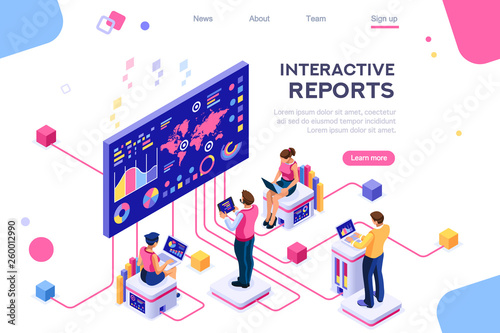 Collection, database graphs. Desktop chart analyzing, statistics visualization concept. Interacting people. 3d isometric vector illustration.