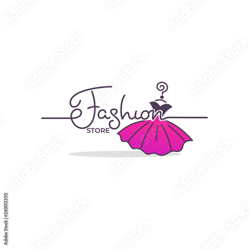 fashion boutique and store logo, label, emblem with bright balloon dress and lettering composition