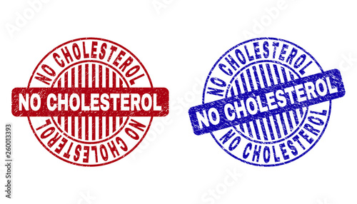 Grunge NO CHOLESTEROL round stamp seals isolated on a white background. Round seals with grunge texture in red and blue colors.