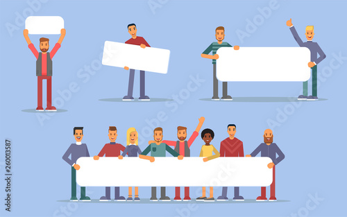 People holding placards flat illustrations set