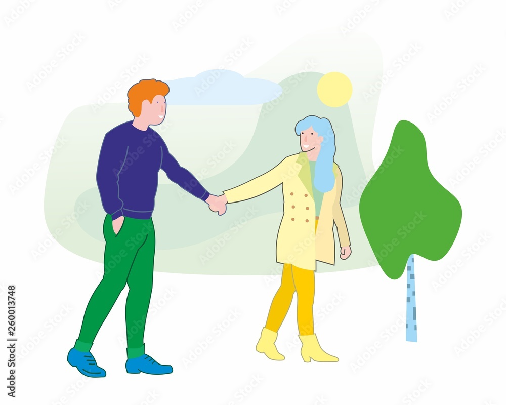 Young couple in love walking holding hands. Vector flat cartoon illustration isolated on white background. Young couple in love walking holding hands. Vector flat cartoon illustration isolated on white background.