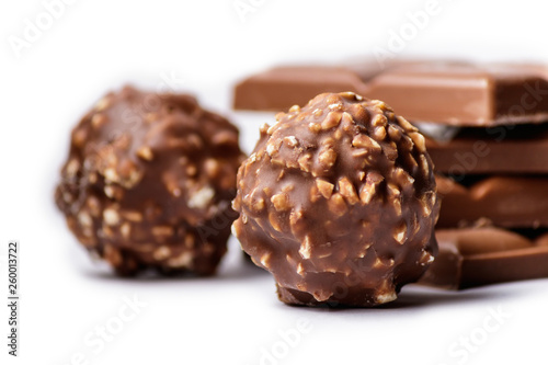 Chocolate Bar and Chocolate Bonbons on White Background